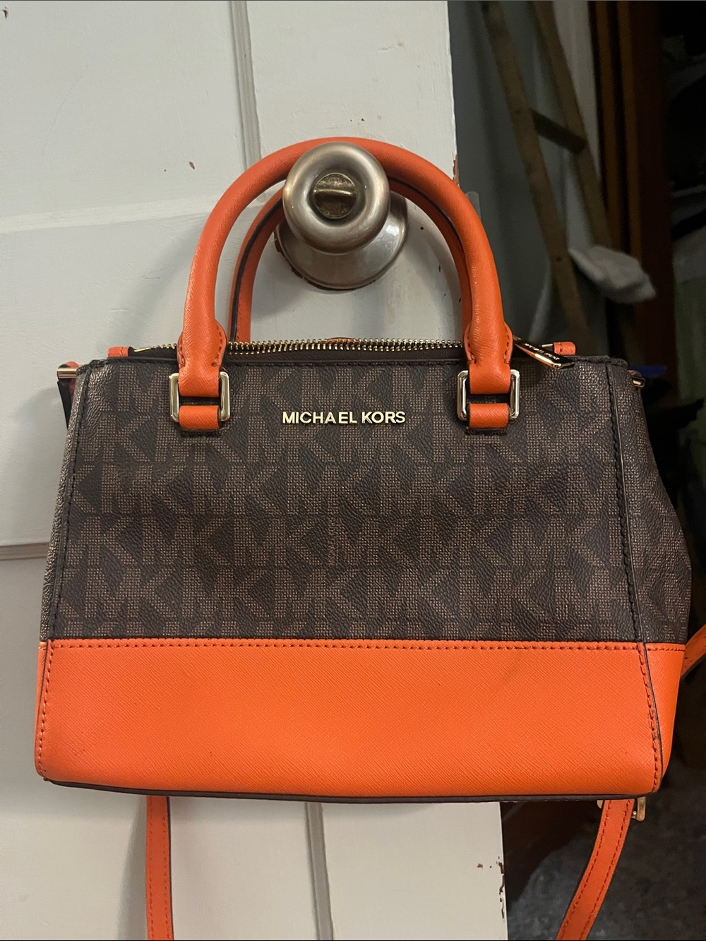 Michael Kors XS Kellen Satchel Bag Brown/Tangerine